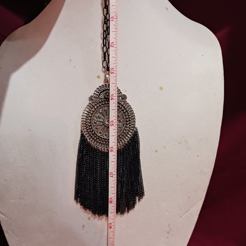Handmade Black and Dark Silver Tassel Statement Fashion Medallion Necklace - Picture 5 of 8